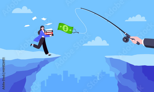 Fishing money chase business concept with businesswoman running after dangling dollar jumps over the cliff. Working hard and always busy in the loop routine flat style design vector illustration.