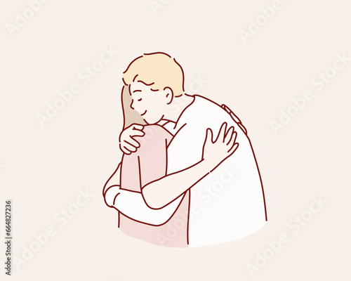 man hugging woman. Hand drawn style vector design illustrations.
