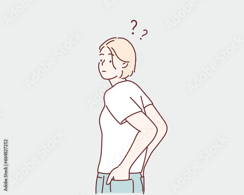 Young woman with question marks. Hand drawn style vector design illustrations.