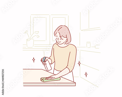 woman cleaning table using diffuser and rag at home. drawn style vector design illustrations.