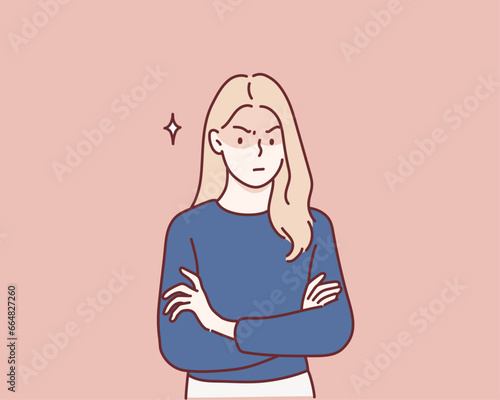 Picture of angry young woman standing isolated over pink background. Hand drawn style vector design illustrations.