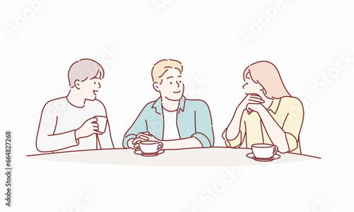 group of friends having a coffee together - Two men and a woman at cafe. Hand drawn style vector design illustrations.