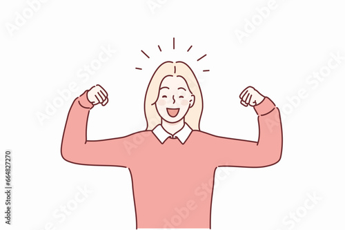 Young  woman isolated showing strength gesture with arms, symbol of feminine power. Hand drawn style vector design illustrations.