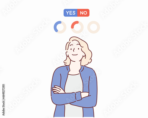 woman chooses Yes or No. Concept of choice, search for an answer, acceptance of refusal or consent. Hand drawn style vector design illustrations.