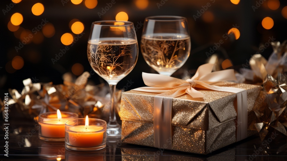 Happy New Year. New Year's Eve celebration with champagne glasses, gift boxes and decorations.