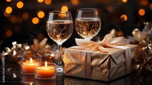 Happy New Year. New Year s Eve celebration with champagne glasses  gift boxes and decorations.