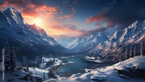 Winter landscape: Beautiful landscape with snow-capped mountains.