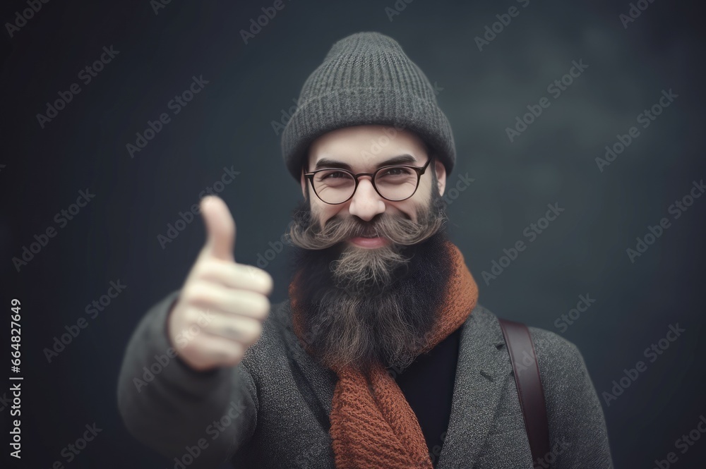 Hipster man with thumb up. Bearded guy showing like finger gesture. Generate ai Hipster man with thumb up. Bearded guy showing like finger gesture. Generate ai