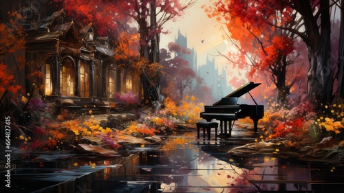 a piano in the autumn landscape