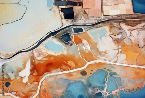 Scenic Aerial View of Empty Saltpans from Above with Crystallized Salt Ponds in a Desolate Landscape photo