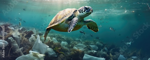 Underwater view of many plastic pollution in ocean water with swimming turtles  panorama. Generative Ai.