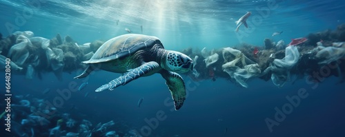 Underwater view of many plastic pollution in ocean water with swimming turtles, panorama. Generative Ai. © annamaria