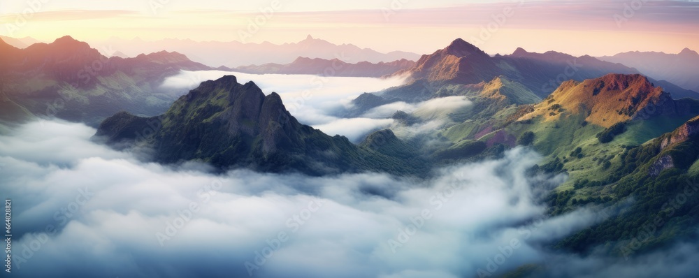 Foggy Madeira mountains with peaks in the clouds with perfect light, panorama. Generative Ai.