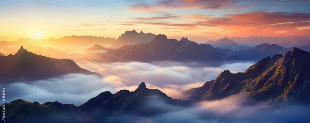 Obraz premium Foggy Madeira mountains with peaks in the clouds with perfect light, panorama. Generative Ai.