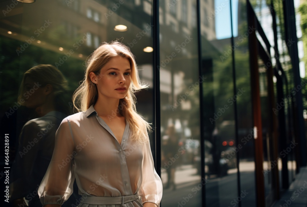 Fototapeta premium Elegant Blond Woman Strolling Near an Apartment Building