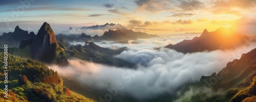 Foggy Madeira mountains with peaks in the clouds with perfect light  panorama. Generative Ai.