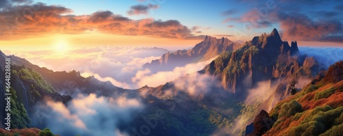 Foggy Madeira mountains with peaks in the clouds with perfect light, panorama. Generative Ai. © annamaria