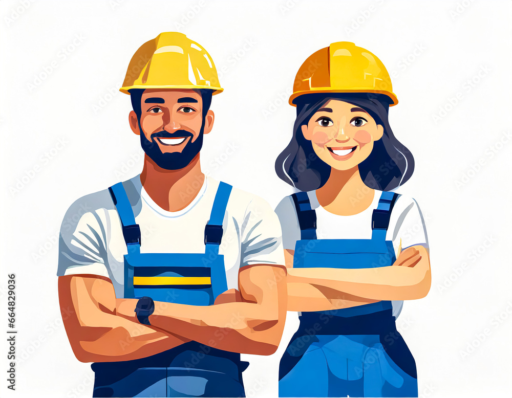 Smiling man and woman in safety helmets, building industry management workers. Smiling man and woman in safety helmets, building industry management workers.