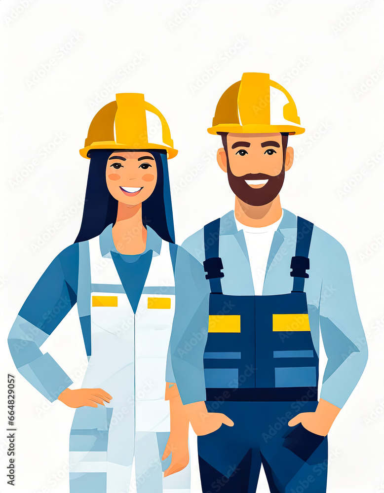 Smiling man and woman in safety helmets, building industry management workers. Smiling man and woman in safety helmets, building industry management workers.