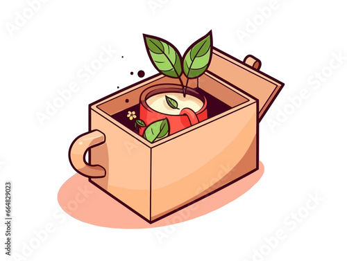 Doodle Tea in a gift box, cartoon sticker, sketch, vector, Illustration, minimalistic