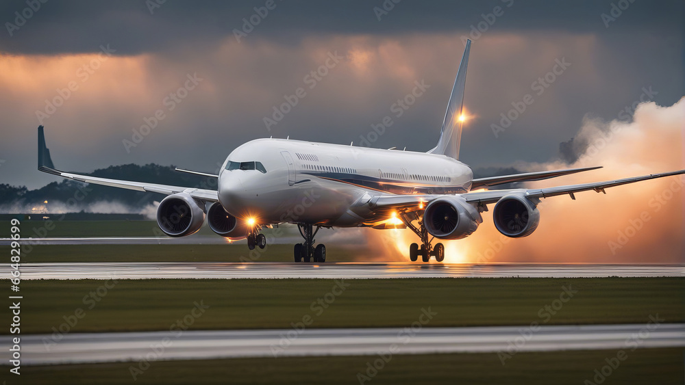 Obraz premium Sabotage and Disaster - burning Airplane Landing on Landingstrip, created with Generative AI technology
