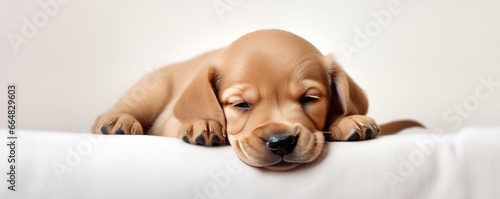 A sleepy young nice cute puppy dozing on a white pillow, panorama. Generative Ai