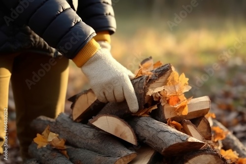 Man cut firewood in forest. Preparing wood for heating home fireplace. Generate ai