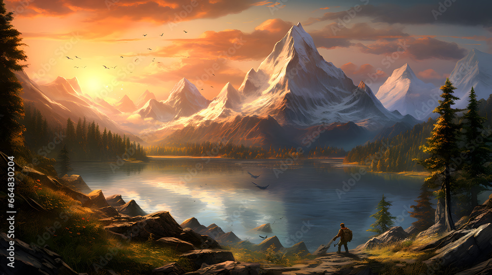 Frame the pristine tranquility of a mountain sunrise, with golden rays piercing through towering peaks and casting a warm glow on the serene landscape.