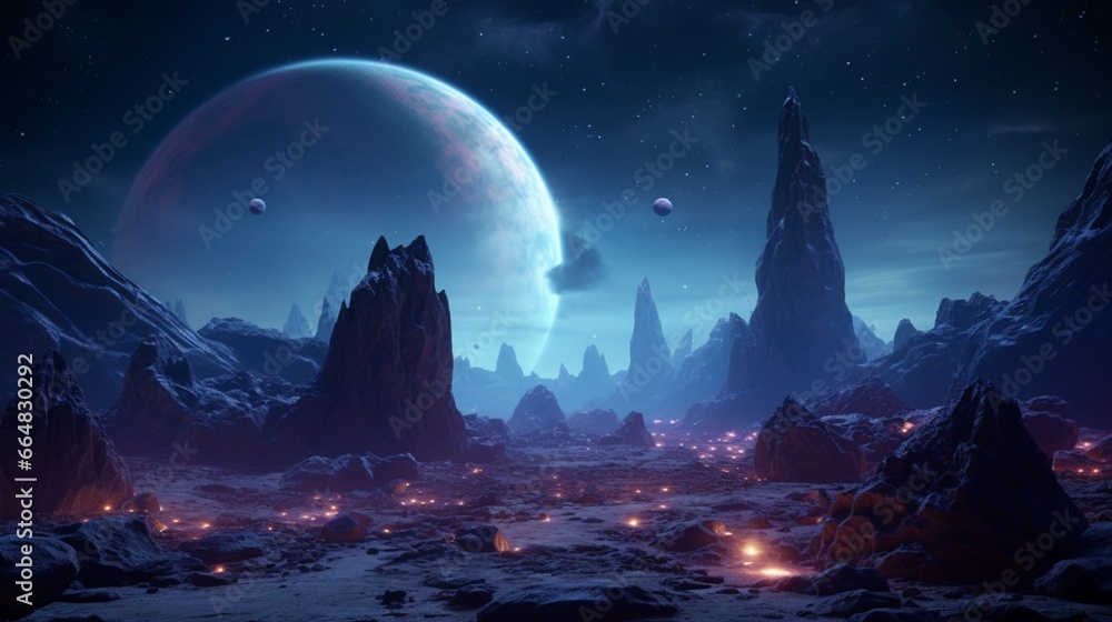 An alien planet's surface, featuring bizarre and otherworldly rock formations beneath a vibrant, starry sky.