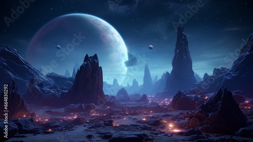 An alien planet's surface, featuring bizarre and otherworldly rock formations beneath a vibrant, starry sky.