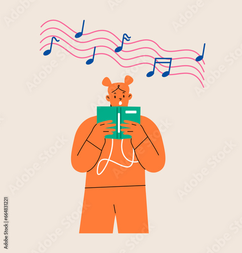 Happy woman singing christmas songs. Girl sing with book. Colorful vector illustration