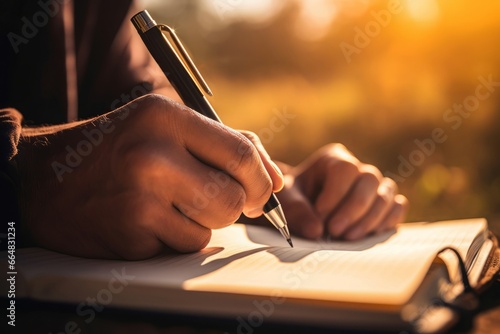 Man writing in notebook. Human hand with pen writing memories. Generate ai photo