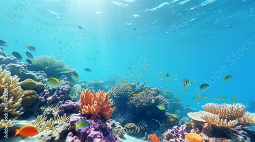 An enchanting underwater coral reef, teeming with vibrant marine life, beneath the crystal-clear waters of the ocean.