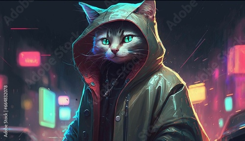 AI generated illustration of a cat wearing a jacket walking down a city street in the evening
