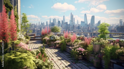 An urban rooftop garden with lush greenery, blooming flowers, and a panoramic view of the cityscape.