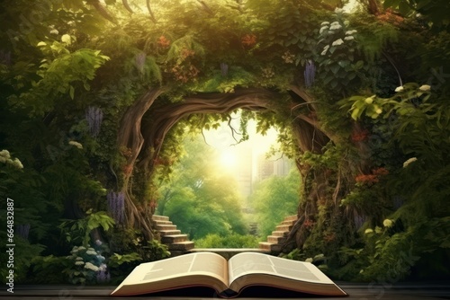 Open book revealing the jungle. Eco concept. Magical forest.  Knowledge concept photo