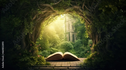 Open book revealing the jungle. Eco concept. Magical forest.  Knowledge concept