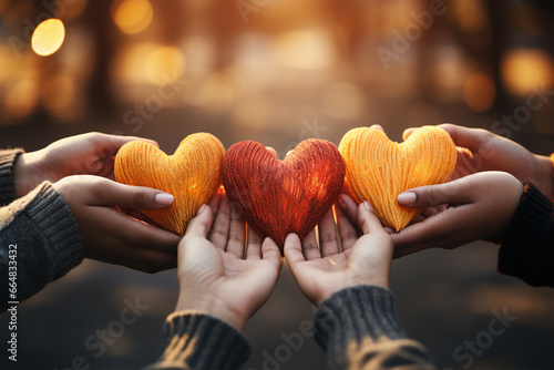 International Day of Friendship concept: hands in shape of heart on blurred background photo