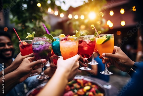 A group of friends cheerfully toasting with colorful cocktails at a vibrant summer terrace,