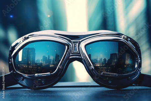 Goggles Reflect Futuristic City Background