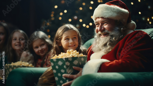 Santa watching movie in cinema with children. Christmas concept.