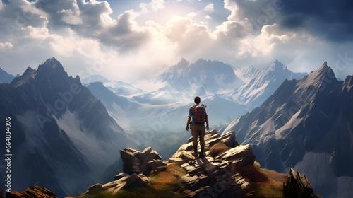 Convey the sense of accomplishment and awe as a hiker reaches the summit of a towering mountain, with panoramic views extending as far as the eye can see.