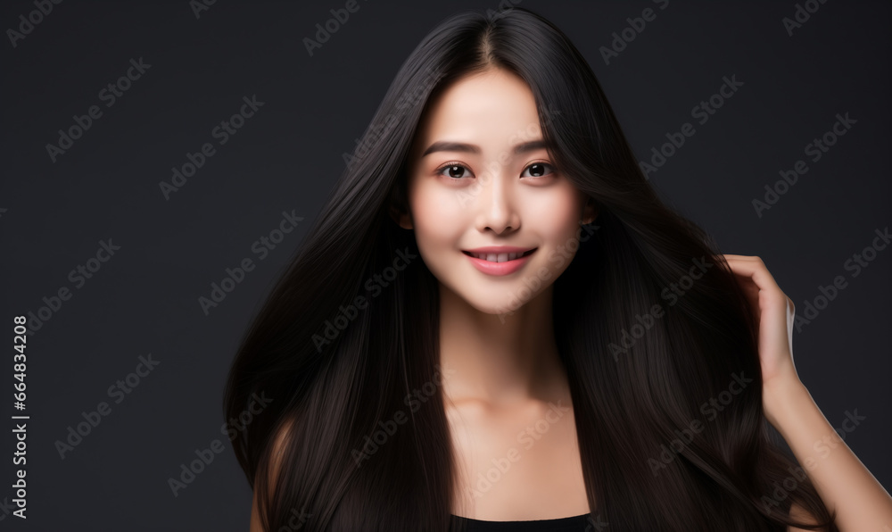Fototapeta premium Portrait of a beautiful Asian woman with a bright smile, hair is a beautiful black color, shampoo advertising concept Hair conditioner and cosmetic products,Generative AI