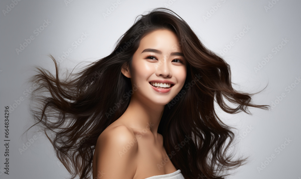 Portrait of a beautiful Asian woman with a bright smile, hair is a beautiful black color, shampoo advertising concept Hair conditioner and cosmetic products,Generative AI