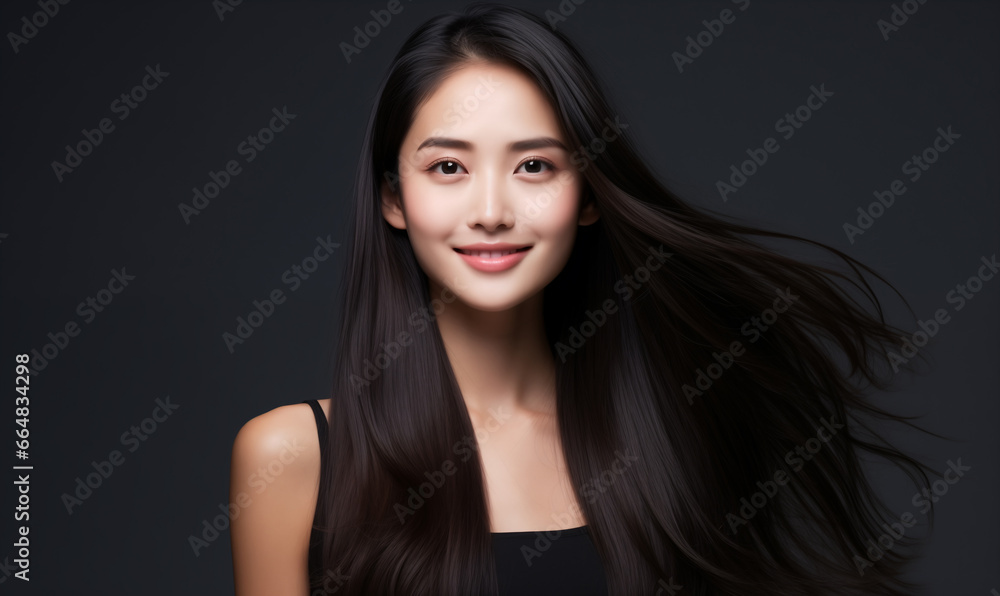 Portrait of a beautiful Asian woman with a bright smile, hair is a beautiful black color, shampoo advertising concept Hair conditioner and cosmetic products,Generative AI Portrait of a beautiful Asian woman with a bright smile, hair is a beautiful black color, shampoo advertising concept Hair conditioner and cosmetic products,Generative AI