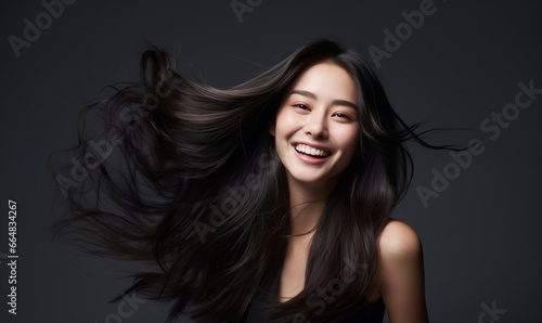 Portrait of a beautiful Asian woman with a bright smile, hair is a beautiful black color, shampoo advertising concept Hair conditioner and cosmetic products,Generative AI