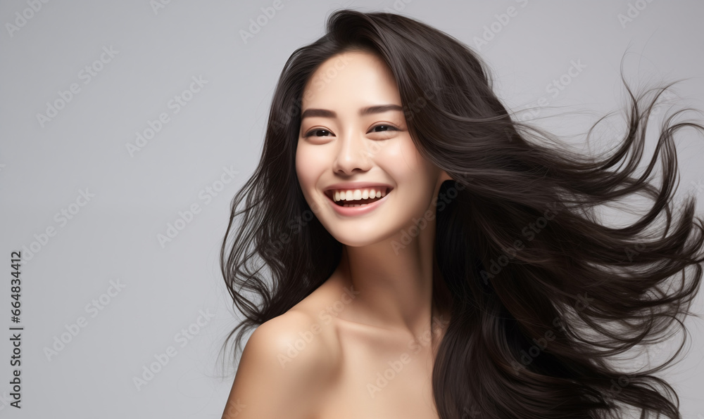Portrait of a beautiful Asian woman with a bright smile, hair is a beautiful black color, shampoo advertising concept Hair conditioner and cosmetic products,Generative AI Portrait of a beautiful Asian woman with a bright smile, hair is a beautiful black color, shampoo advertising concept Hair conditioner and cosmetic products,Generative AI