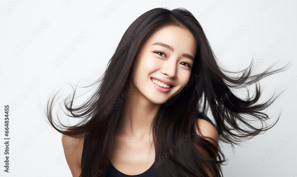 Portrait of a beautiful Asian woman with a bright smile, hair is a beautiful black color, shampoo advertising concept Hair conditioner and cosmetic products,Generative AI Portrait of a beautiful Asian woman with a bright smile, hair is a beautiful black color, shampoo advertising concept Hair conditioner and cosmetic products,Generative AI