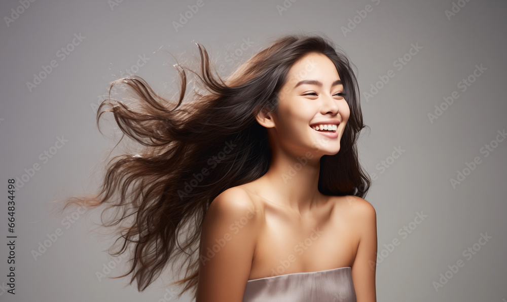 Portrait of a beautiful Asian woman with a bright smile, hair is a beautiful brown color, shampoo advertising concept Hair conditioner and cosmetic products,Generative AI Portrait of a beautiful Asian woman with a bright smile, hair is a beautiful brown color, shampoo advertising concept Hair conditioner and cosmetic products,Generative AI