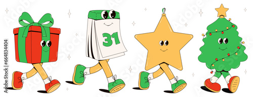Groovy Christmas Retro set. Funny retro christmas cartoon characters in groovy style.Christmas tree, gift,calendar, Star  in trendy retro cartoon style.Christmas mascots.Groovy Retro Christmas Clipart